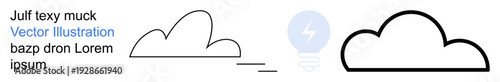 Weather updates, data storage, creativity, technology concepts, online sharing, innovation. Minimalist cloud and lightning bolt with textual elements. Weather updates and data storage