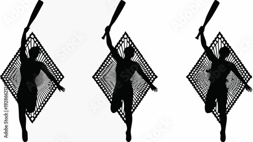Dynamic baseball player silhouettes in action with bat