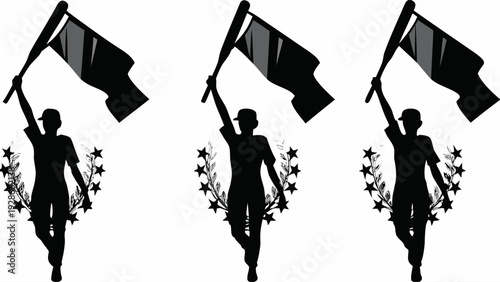 Victorious athletes celebrating with flags in hand triumphantly