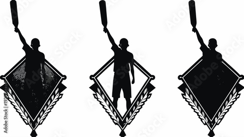 Silhouettes of triumphant athletes holding bats in victorious poses