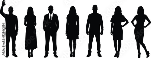 Silhouette group of diverse people standing in row, casual and formal poses, fashion concept, social representation illustration