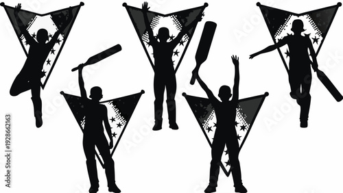 Silhouettes of people celebrating with flags and baseball bats