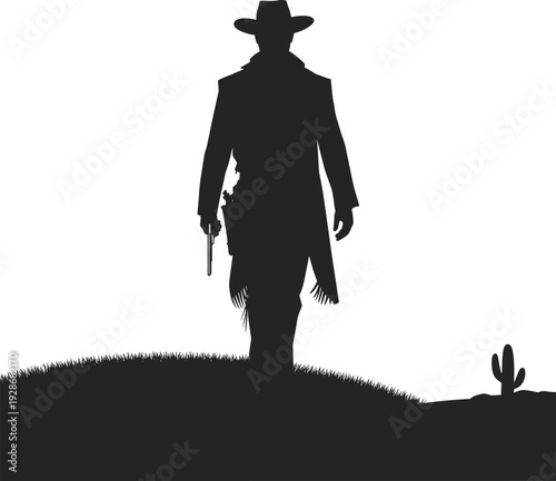 Western cowboy silhouette walking on grassy hill, desert cactus background, frontier lifestyle, rustic wild west illustration art design