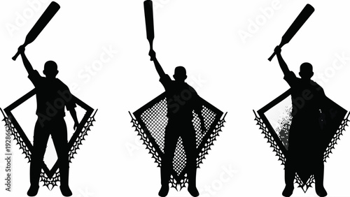 Silhouettes of men holding cricket bats with nets