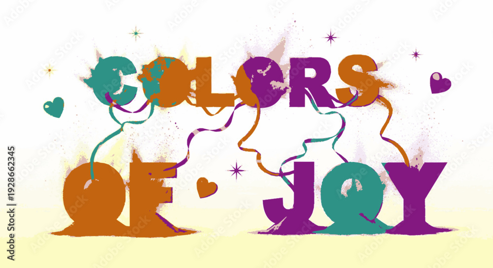 Naklejka premium Vibrant typography with colorful joyful faces and swirling lines on white background