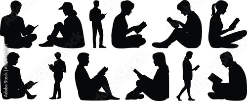 Silhouette of people reading books, education concept, literacy, learning, knowledge, personal development, study illustration