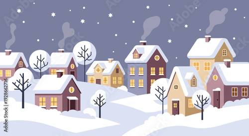 Snowy Village Houses with Smoke Rising.