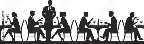 Silhouette of people dining in restaurant, waiter serving wine, social gathering, food and drink, formal dining illustration