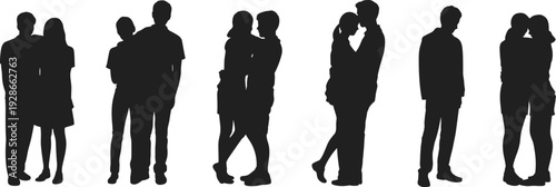 Silhouette of couples standing together, hugging, romantic relationship, companionship, intimacy, love, social interaction illustration