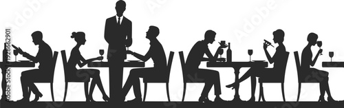 Silhouette of people dining in restaurant, waiter serving guests, social interaction, food and drink, formal dining illustration