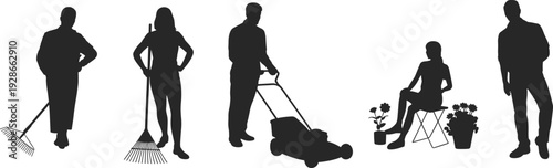 Silhouette of people gardening, outdoor yard work, lawn care, planting, raking, mowing, garden maintenance, leisure activity illustration