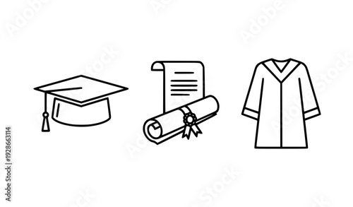 Photos Graduation cap diploma and robe line icon set vector
