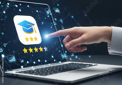 Person selecting an online education course with high ratings on a laptop screen