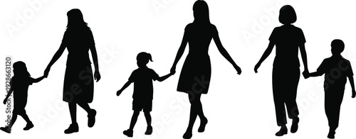Silhouette of parent holding child hand, family care concept, guardianship, parenting support, childhood bond, social development illustration