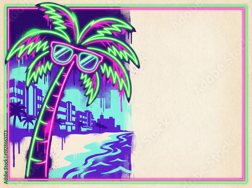 Neon palm tree with sunglasses on a beach with a city skyline