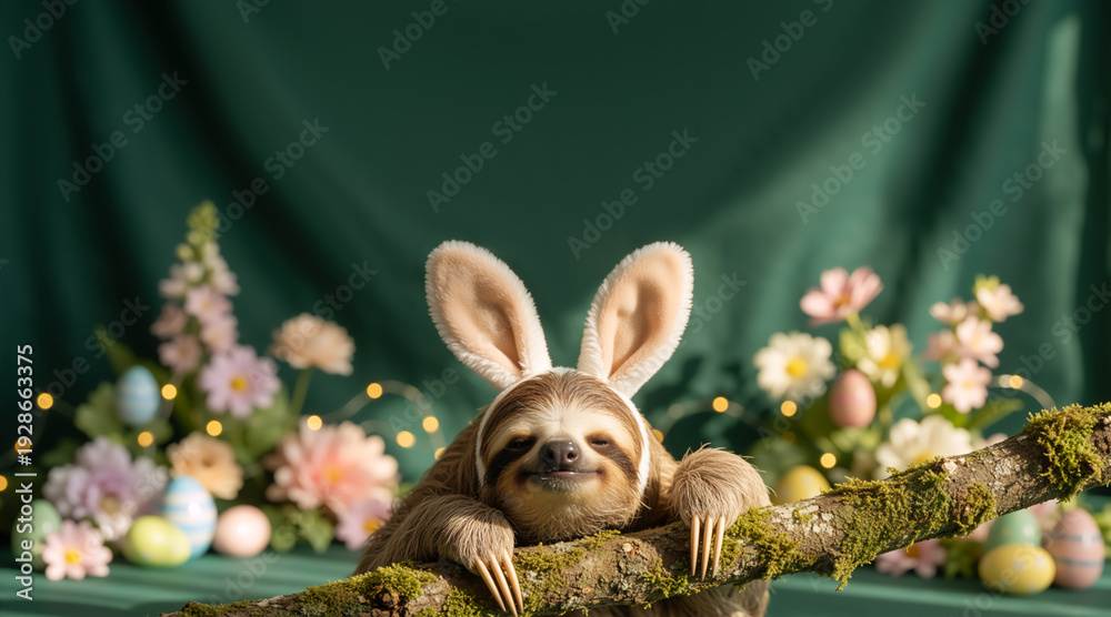 Fototapeta premium Cute smiling sloth wearing bunny ears resting on a mossy branch. Funny Easter animal concept with spring flowers. Copy space for text