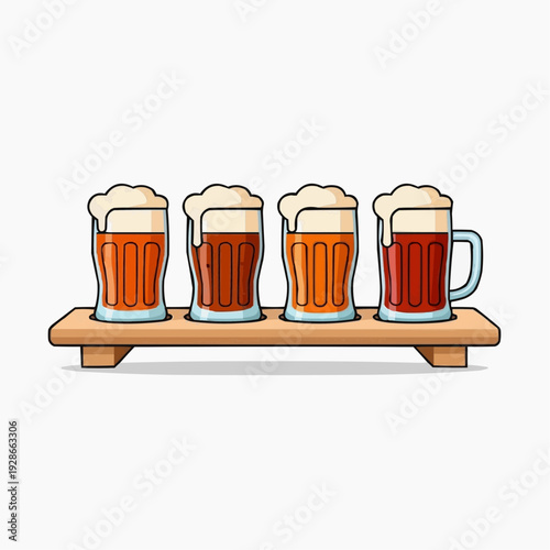 Flight of four beers on a wooden tray, tasting session, craft beer, pub drinks.