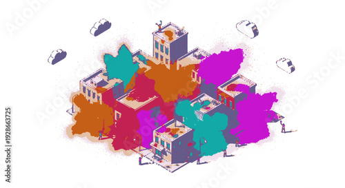 Vibrant cityscape with colorful buildings and trees drone view urban landscape