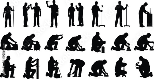 Collection of worker silhouettes in various maintenance, repair, and installation poses with tools isolated on white background vector illustration set