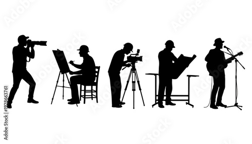 Silhouettes of people engaging in various creative activities like painting and photography.