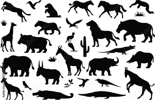 Wild animal silhouette set, safari wildlife collection, mammals birds reptiles icons, black vector illustration, nature animals isolated white background