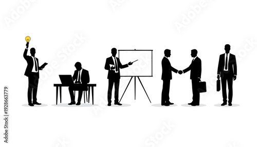 Business professionals collaborating and presenting ideas in a modern office setting.