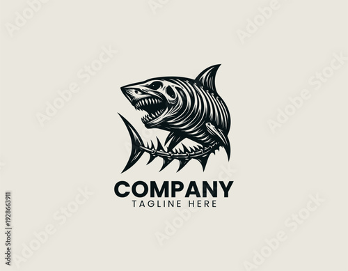 A stylized skeletal shark with exposed ribs and sharp teeth is presented in a bold detailed vector illustration style on a clean white background