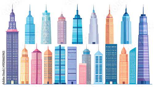 Colorful City Skyscraper Silhouette Vector Set Modern Urban Skyline Icons