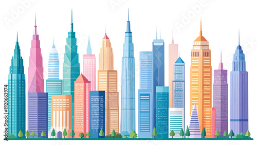 Colorful City Skyscraper Silhouette Vector Set Modern Urban Skyline Icons