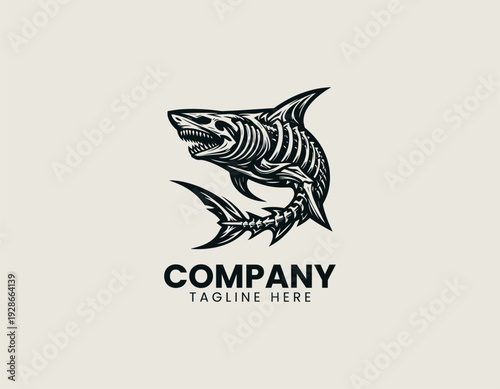 A stylized skeletal shark with exposed ribs and sharp teeth is presented in a bold detailed vector illustration style on a clean white background