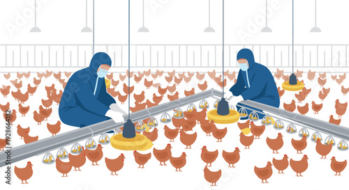 Two workers in blue hazmat suits manage a large flock of brown chickens inside an industrial poultry facility.
