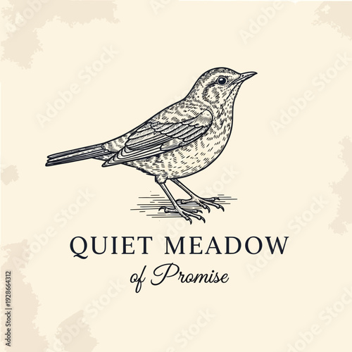 Detailed Engraving of a Small Bird Standing Gracefully.