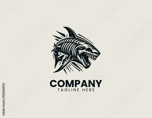 A stylized skeletal shark with exposed ribs and sharp teeth is presented in a bold detailed vector illustration style on a clean white background
