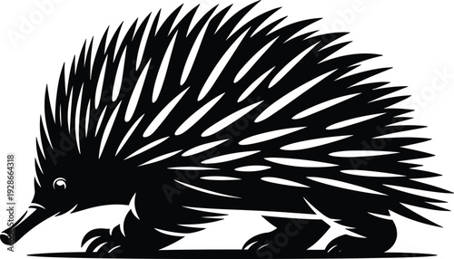 Echidna silhouette illustration, spiny anteater artwork, Australian wildlife design, exotic mammal vector, black animal figure, nature drawing, unique creature art