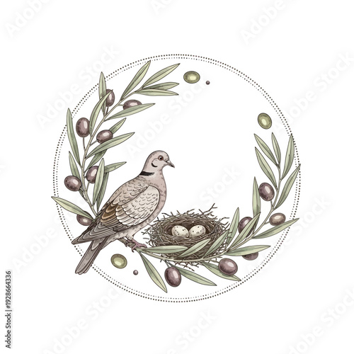 Dove and Nest with Eggs on Olive Branch Wreath.