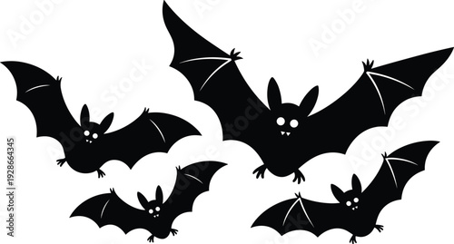 Cartoon bat silhouettes, Halloween flying bats, spooky animal illustration, nocturnal mammal design, black bat figures, cute scary bats, vector art collection