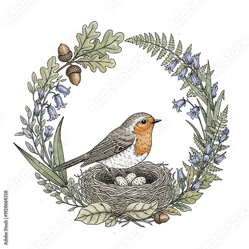 European Robin Bird Nest with Eggs in Botanical Wreath Illustration.