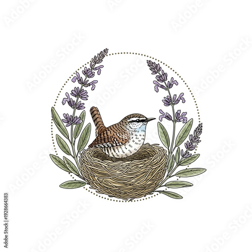 Small Bird in Nest with Lavender and Greenery Illustration.