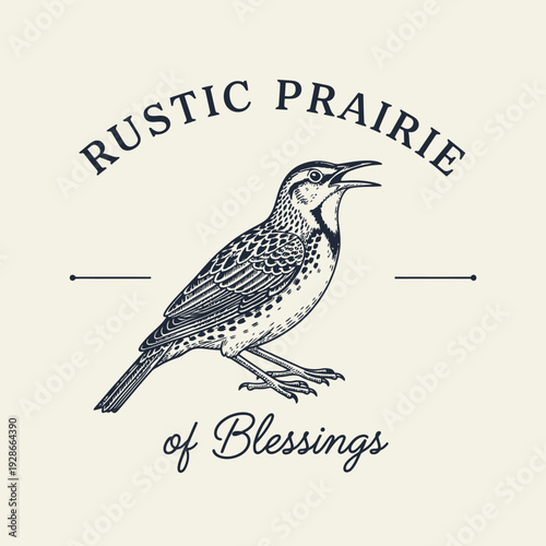 Vintage Engraving Style Bird Illustration with Rustic Prairie Text.