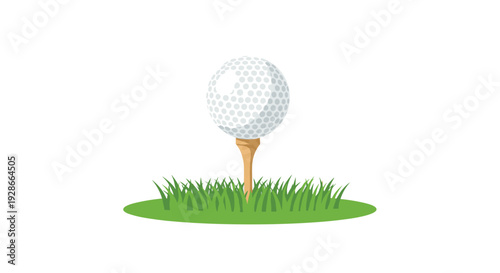 A white dimpled golf ball rests on a wooden tee embedded in a small circular patch of green grass on a white background.