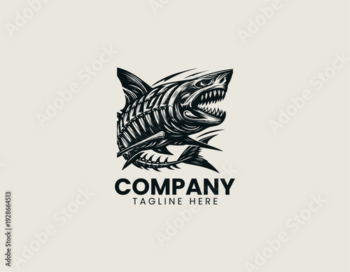 A stylized skeletal shark with exposed ribs and sharp teeth is presented in a bold detailed vector illustration style on a clean white background