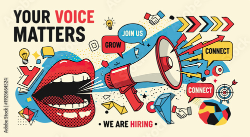 Ihre Stimme zählt: Eine dynamische Illustration mit Megafon, Sprechblasen und Symbolen für Kommunikation, Wachstum und Vernetzung.