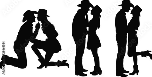 Romantic cowboy couple silhouette, western love illustration, kissing cowboy art, affectionate cowboy vector, cowboy romance design, wild west love clipart, cowboy passion graphic