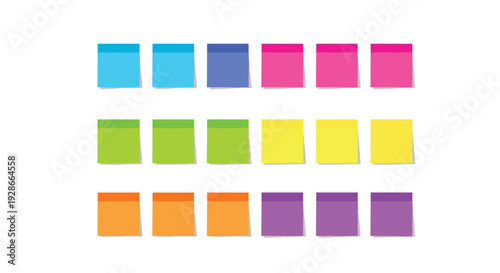 Eighteen colorful square sticky notes are organized into three horizontal rows and six columns on a white background.