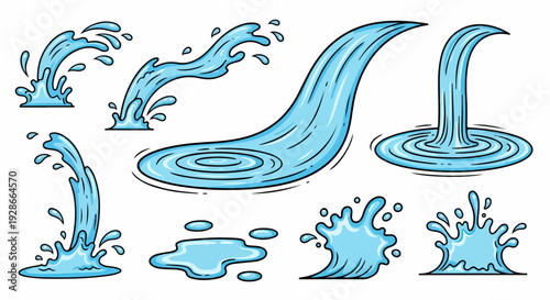 Vektor-Illustrationen von dynamischen Wasserbewegungen, einschließlich Spritzern, Strömen, fallendem Wasser und Wellen, ideal für Designprojekte.