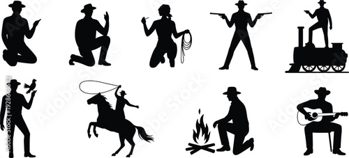 Cowboy silhouette illustration, western culture icons, lasso rider vector, guitar cowboy art, campfire cowboy design, wild west clipart, cowboy lifestyle graphic