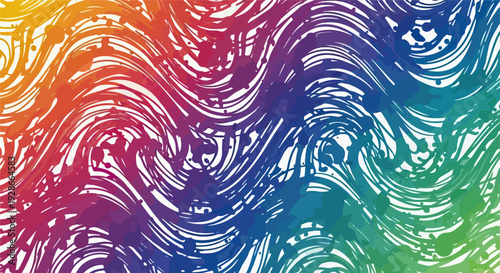 Abstrakter Hintergrund mit dynamischen weißen Wirbeln und fließenden Linien auf einem lebendigen Regenbogen-Farbverlauf.