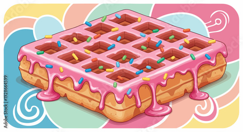 Eine köstliche, quadratische Waffel, reichlich bedeckt mit tropfendem rosa Zuckerguss und bunten Streuseln, präsentiert auf einem lebhaften Pastellhintergrund.