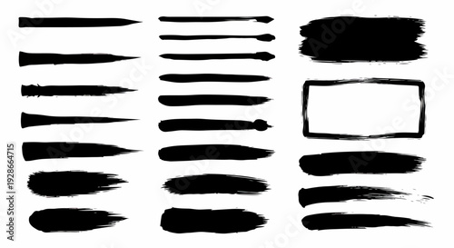 Eine Sammlung von handgezeichneten schwarzen Pinselstrichen und einem Grunge-Rechteckrahmen, ideal für kreative Designprojekte und Vektorillustrationen.
