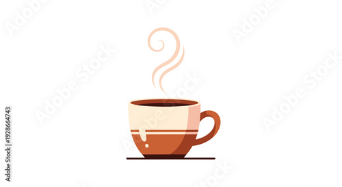 A two-tone brown and cream ceramic cup filled with dark coffee sits on a saucer with steam rising in a spiral.